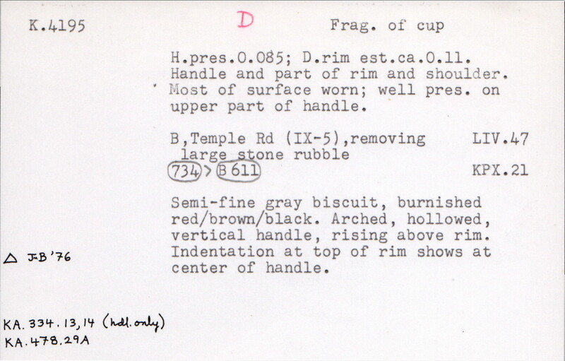 Index card with typed and handwritten information, sometimes including a sketch, of pottery from an excavation.