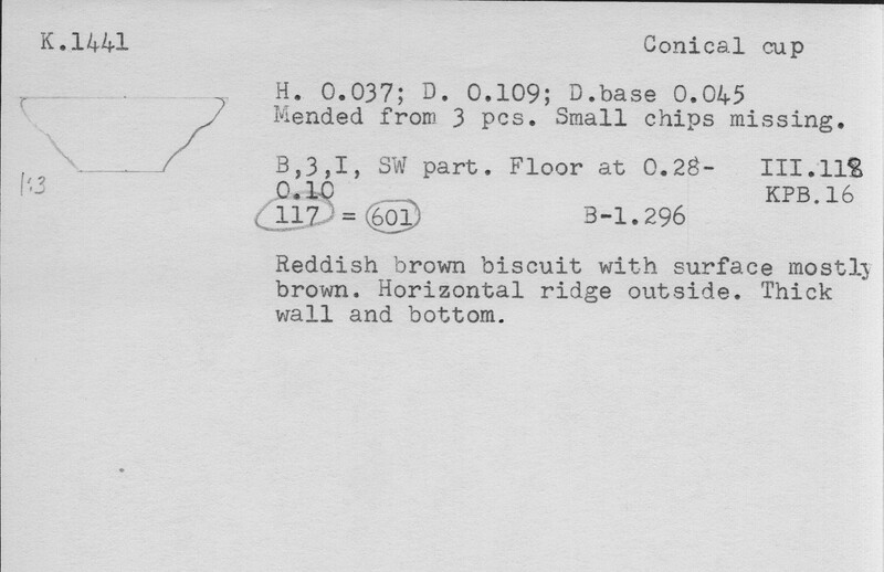 Index card with typed and handwritten information, sometimes including a sketch, of pottery from an excavation.