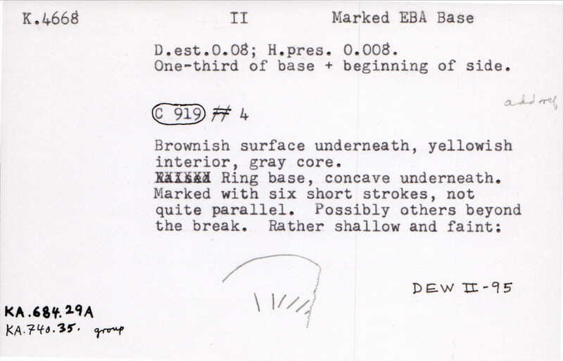 Index card with typed and handwritten information, sometimes including a sketch, of pottery from an excavation.