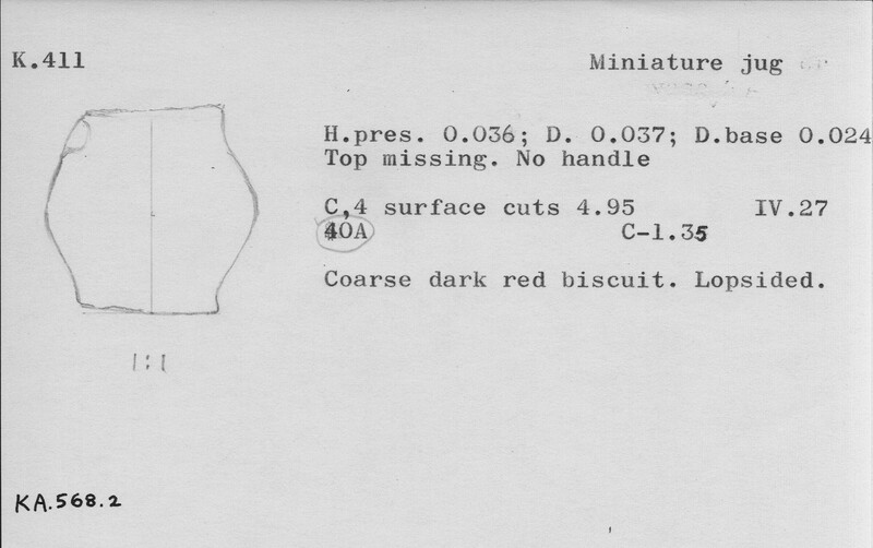 Index card with typed and handwritten information, sometimes including a sketch, of pottery from an excavation.