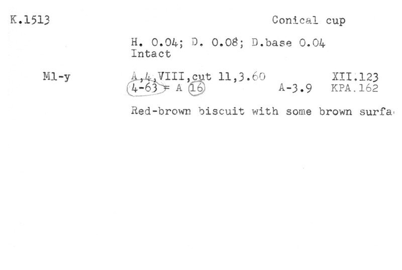 Index card with typed and handwritten information, sometimes including a sketch, of pottery from an excavation.