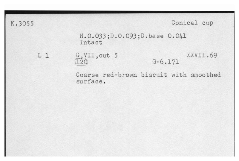 Index card with typed and handwritten information, sometimes including a sketch, of pottery from an excavation.