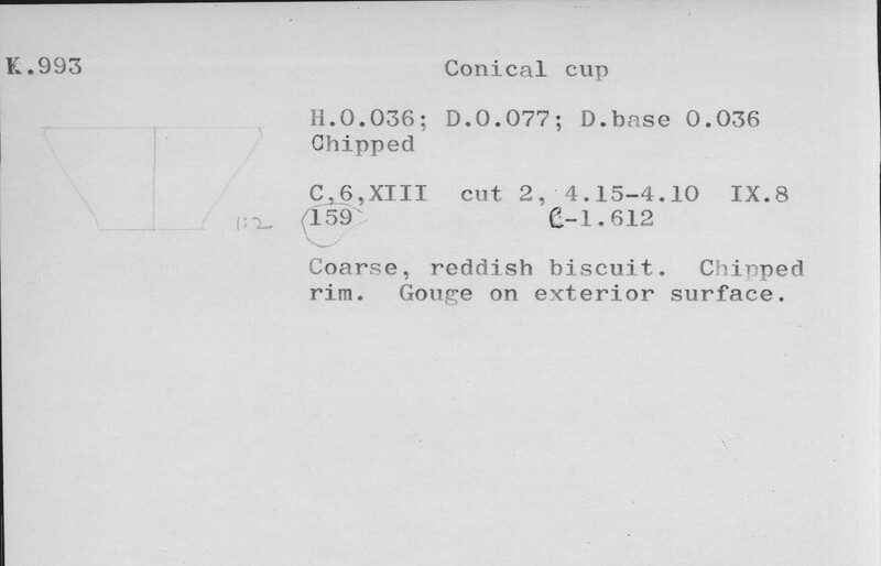 Index card with typed and handwritten information, sometimes including a sketch, of pottery from an excavation.