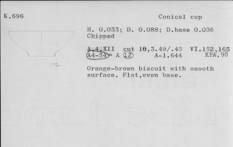Index card with typed and handwritten information, sometimes including a sketch, of pottery from an excavation.
