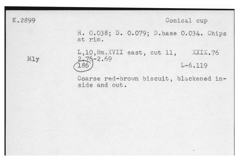 Index card with typed and handwritten information, sometimes including a sketch, of pottery from an excavation.