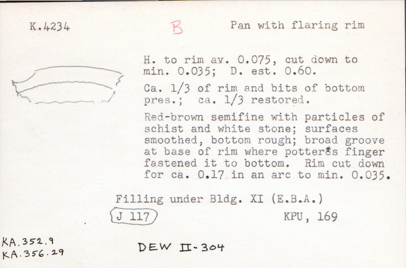 Index card with typed and handwritten information, sometimes including a sketch, of pottery from an excavation.