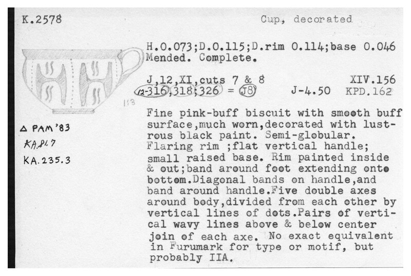 Index card with typed and handwritten information, sometimes including a sketch, of pottery from an excavation.