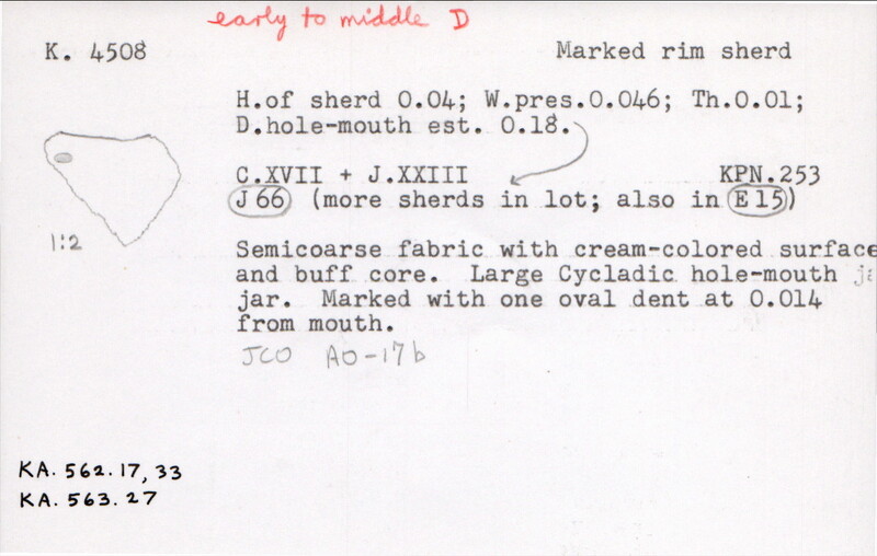 Index card with typed and handwritten information, sometimes including a sketch, of pottery from an excavation.