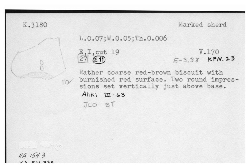 Index card with typed and handwritten information, sometimes including a sketch, of pottery from an excavation.