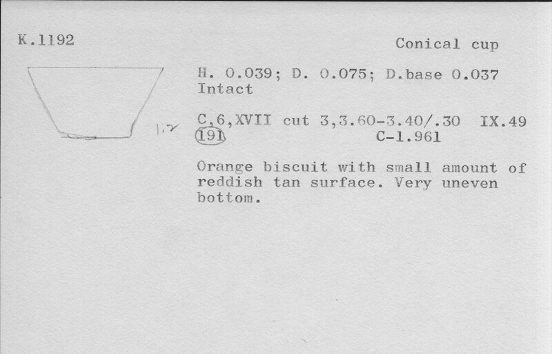 Index card with typed and handwritten information, sometimes including a sketch, of pottery from an excavation.