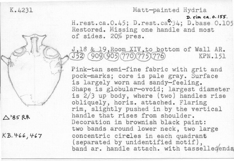 Index card with typed and handwritten information, sometimes including a sketch, of pottery from an excavation.