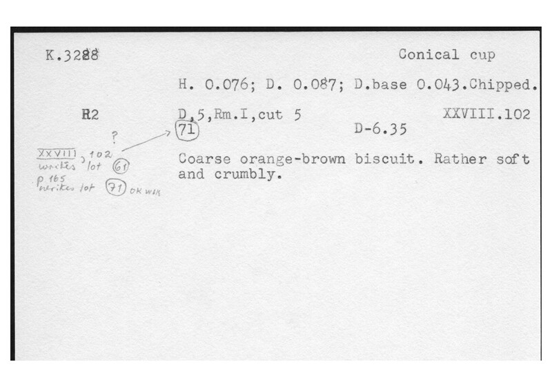 Index card with typed and handwritten information, sometimes including a sketch, of pottery from an excavation.