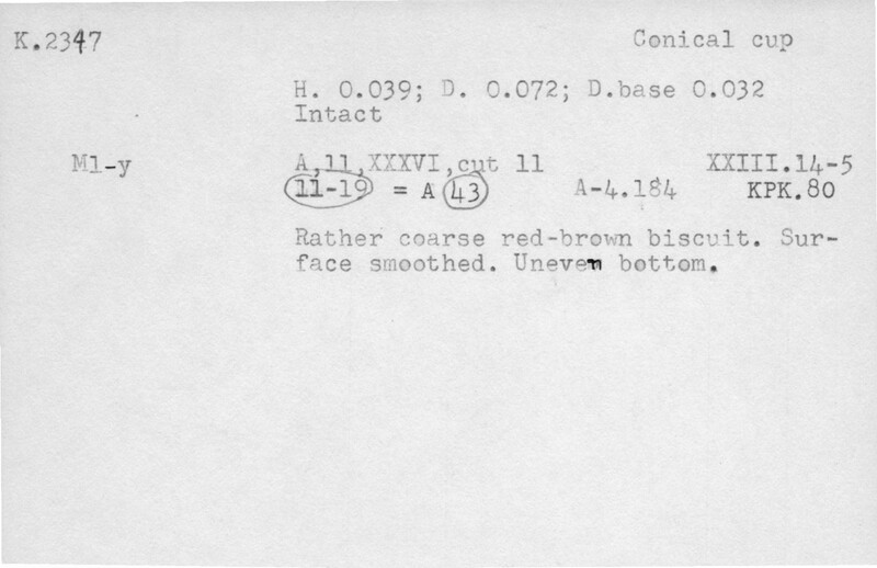 Index card with typed and handwritten information, sometimes including a sketch, of pottery from an excavation.