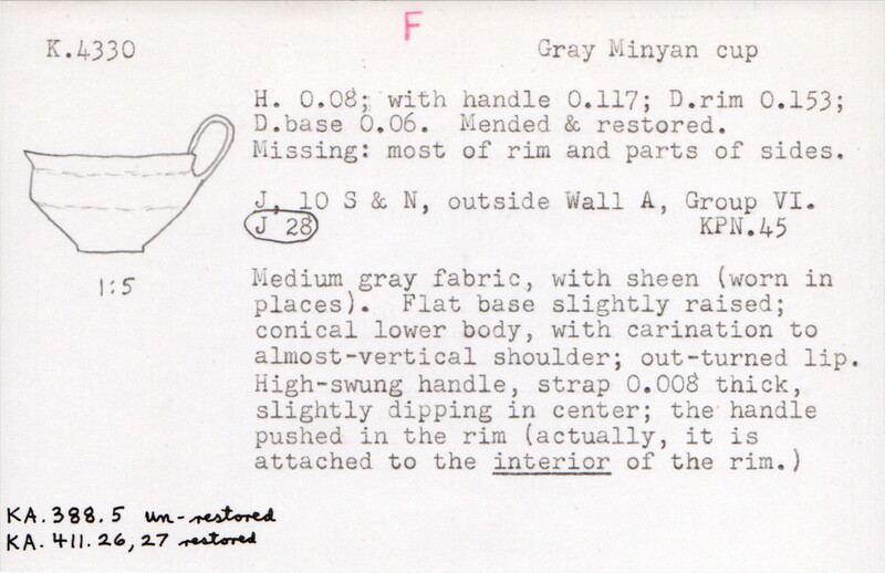 Index card with typed and handwritten information, sometimes including a sketch, of pottery from an excavation.