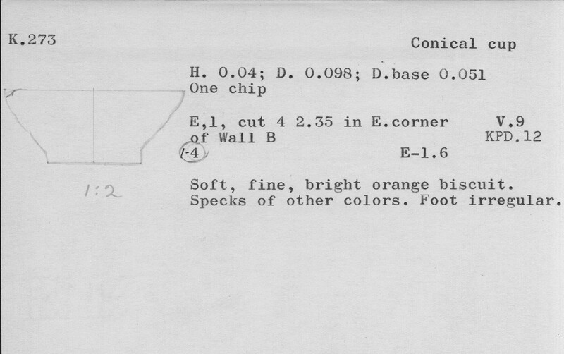 Index card with typed and handwritten information, sometimes including a sketch, of pottery from an excavation.