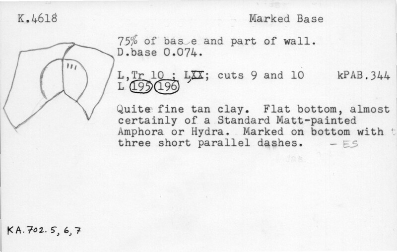Index card with typed and handwritten information, sometimes including a sketch, of pottery from an excavation.