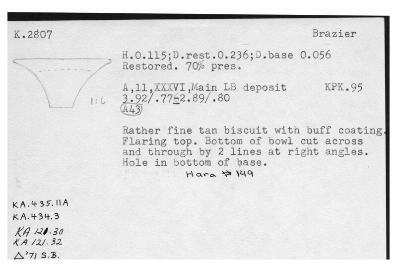 Index card with typed and handwritten information, sometimes including a sketch, of pottery from an excavation.