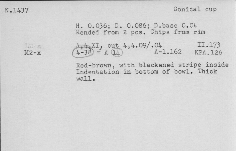 Index card with typed and handwritten information, sometimes including a sketch, of pottery from an excavation.