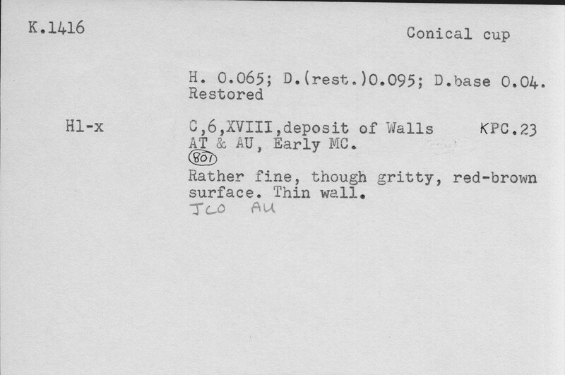 Index card with typed and handwritten information, sometimes including a sketch, of pottery from an excavation.