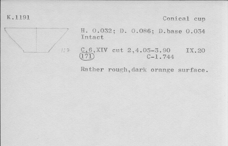 Index card with typed and handwritten information, sometimes including a sketch, of pottery from an excavation.