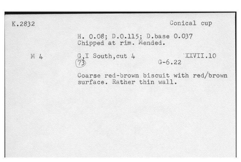 Index card with typed and handwritten information, sometimes including a sketch, of pottery from an excavation.