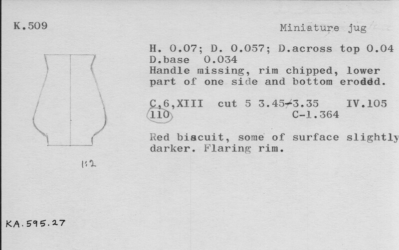 Index card with typed and handwritten information, sometimes including a sketch, of pottery from an excavation.