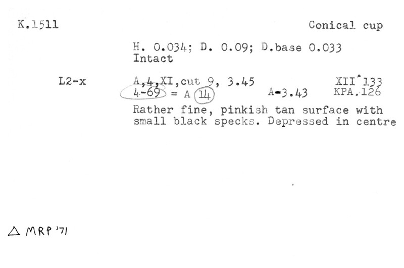 Index card with typed and handwritten information, sometimes including a sketch, of pottery from an excavation.