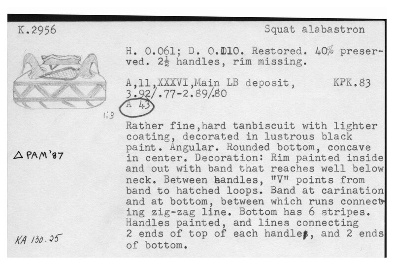 Index card with typed and handwritten information, sometimes including a sketch, of pottery from an excavation.