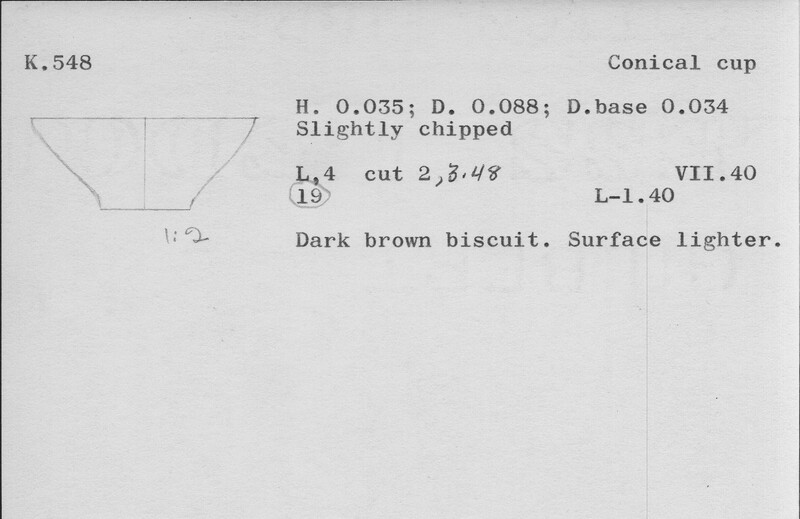 Index card with typed and handwritten information, sometimes including a sketch, of pottery from an excavation.