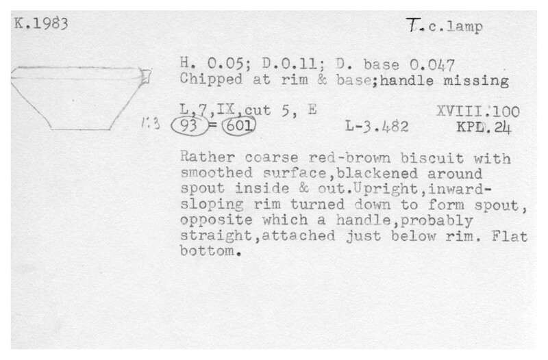 Index card with typed and handwritten information, sometimes including a sketch, of pottery from an excavation.