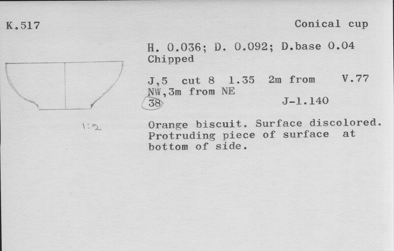 Index card with typed and handwritten information, sometimes including a sketch, of pottery from an excavation.