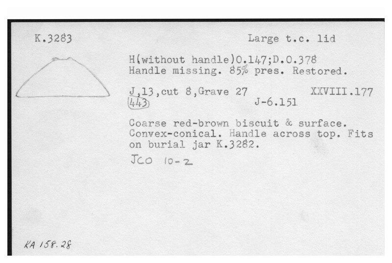 Index card with typed and handwritten information, sometimes including a sketch, of pottery from an excavation.