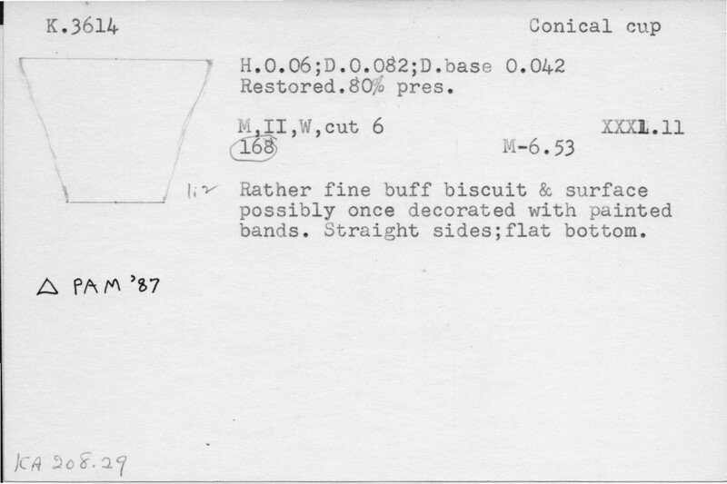 Index card with typed and handwritten information, sometimes including a sketch, of pottery from an excavation.