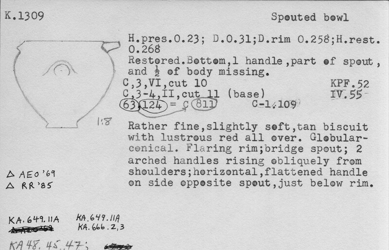 Index card with typed and handwritten information, sometimes including a sketch, of pottery from an excavation.