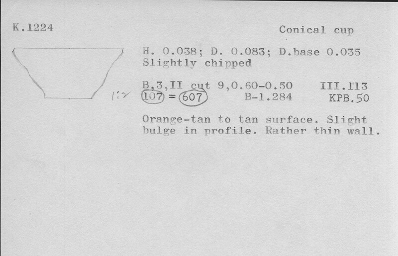 Index card with typed and handwritten information, sometimes including a sketch, of pottery from an excavation.