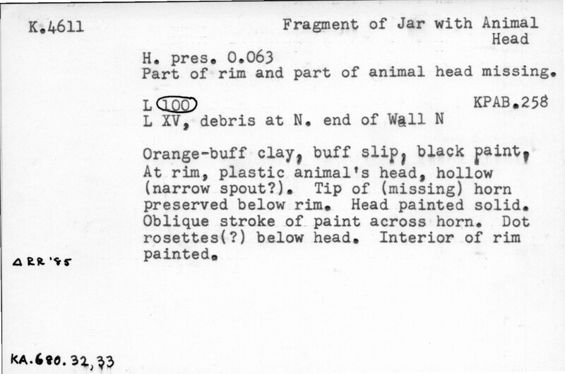 Index card with typed and handwritten information, sometimes including a sketch, of pottery from an excavation.