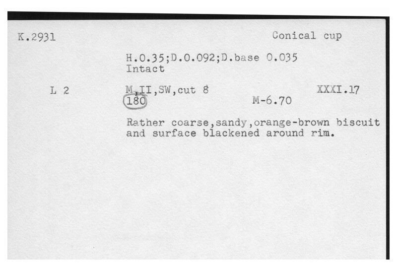 Index card with typed and handwritten information, sometimes including a sketch, of pottery from an excavation.