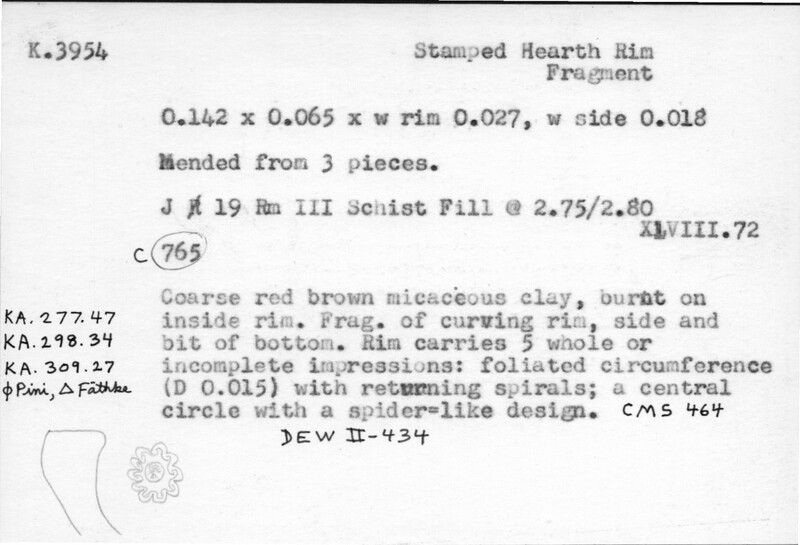 Index card with typed and handwritten information, sometimes including a sketch, of pottery from an excavation.