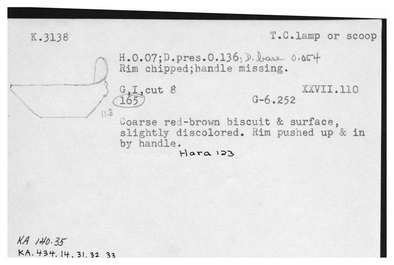 Index card with typed and handwritten information, sometimes including a sketch, of pottery from an excavation.