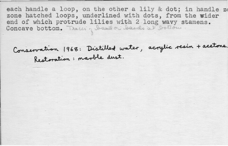 Index card with typed and handwritten information, sometimes including a sketch, of pottery from an excavation.