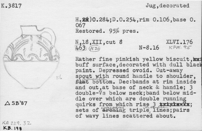 Index card with typed and handwritten information, sometimes including a sketch, of pottery from an excavation.