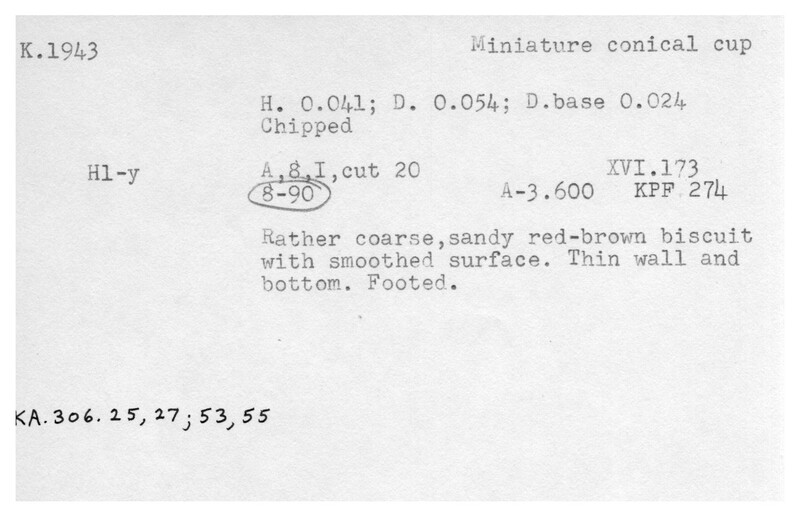 Index card with typed and handwritten information, sometimes including a sketch, of pottery from an excavation.