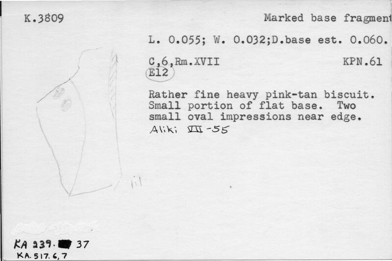 Index card with typed and handwritten information, sometimes including a sketch, of pottery from an excavation.
