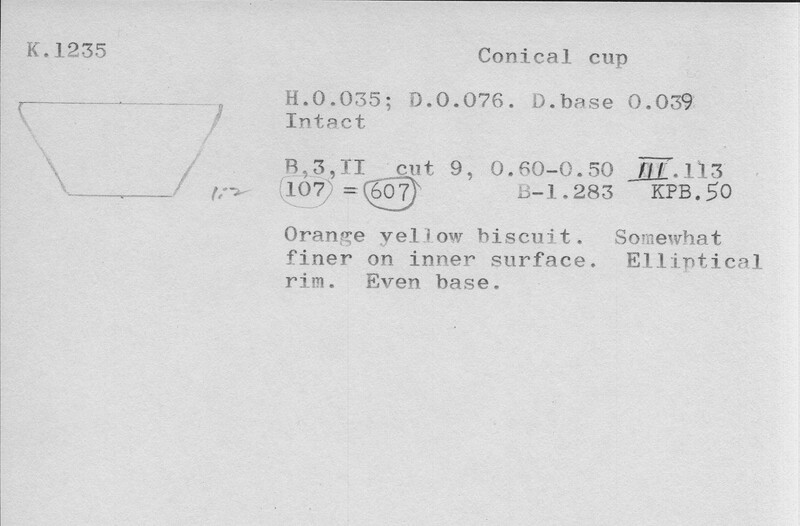 Index card with typed and handwritten information, sometimes including a sketch, of pottery from an excavation.