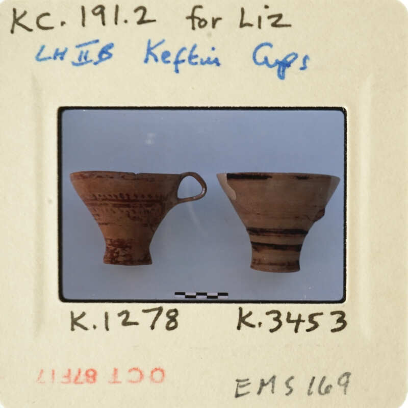 Two ancient Greek vases on display with labels and numbers indicating their identification.