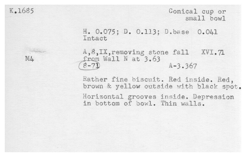 Index card with typed and handwritten information, sometimes including a sketch, of pottery from an excavation.