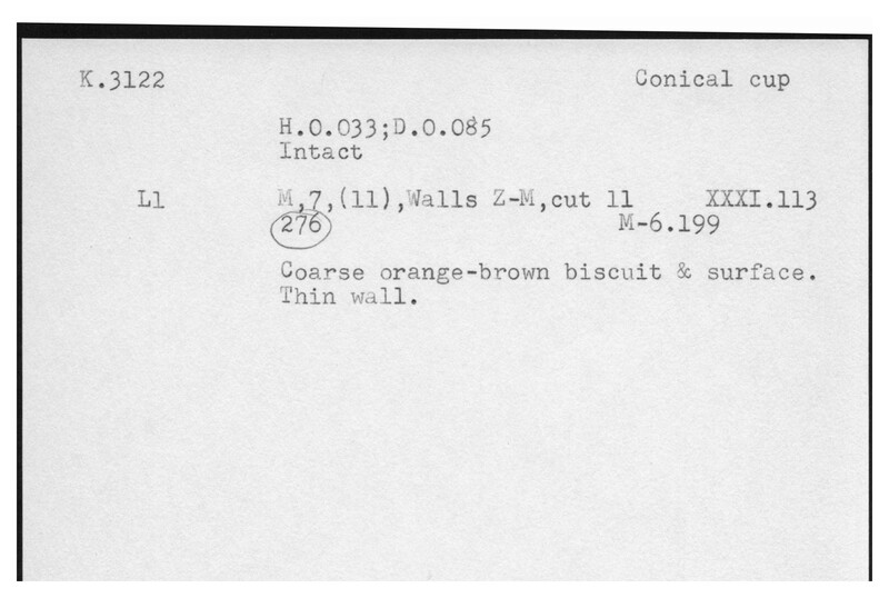 Index card with typed and handwritten information, sometimes including a sketch, of pottery from an excavation.