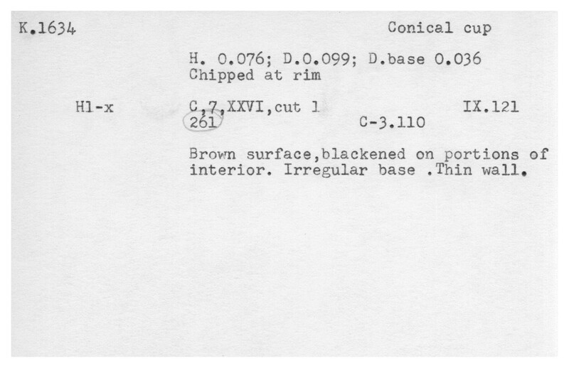 Index card with typed and handwritten information, sometimes including a sketch, of pottery from an excavation.