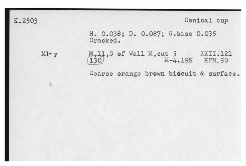 Index card with typed and handwritten information, sometimes including a sketch, of pottery from an excavation.