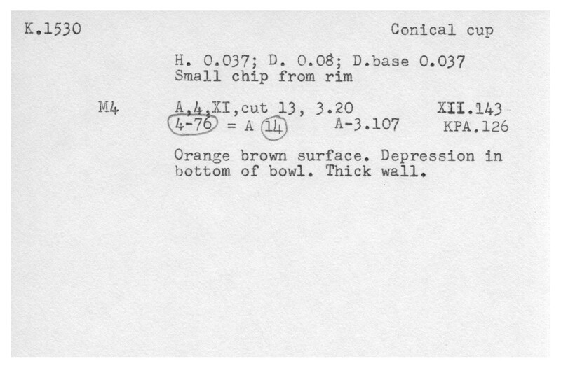 Index card with typed and handwritten information, sometimes including a sketch, of pottery from an excavation.